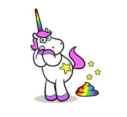 Rosa Cartoon Einhoren macht Regenbogen Haufen © Robert Kneschke
