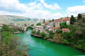 Old town of Mostar, Bosnia and Herzegovina, with Stari Most bridge, Neretva river and old mosques
