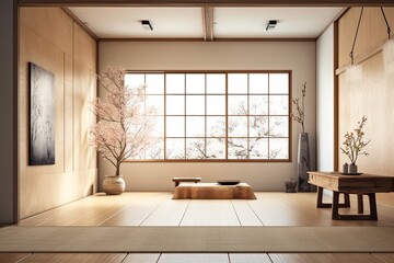 A vacant, spotless, Japanese style modern room. Generative AI