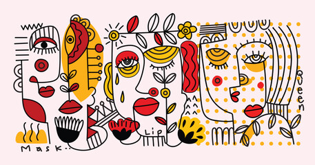 Abstract face of person line art, decorative hand drawn vector illustration set.