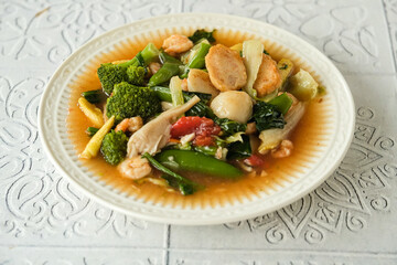 capcay goreng or stir fried mixed vegetables with fishball, shrimp. Chinese food in Indonesia
