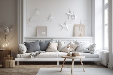 a blurring modern Scandinavian living room with a white table, desk, or shelf topped with five soft white pillows in the shapes of stars or flowers. Generative AI