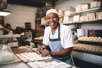 Baker smiling - wearing apron, behind the counter, bread, bakery, happy, generative ai - obrazy, fototapety, plakaty