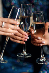 Birthday, Tree people on the party chilling together. avaheers. New year toasts. Human hands holding the glasses. Spending time together.