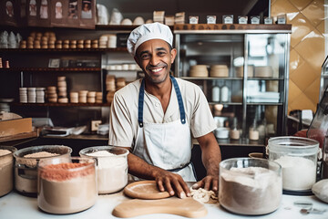 Baker smiling - wearing apron, behind the counter, bread, bakery, happy, generative ai