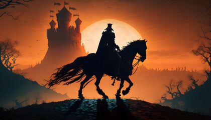 Fototapeta na wymiar A warrior with a horse near a dark castle. Generative AI