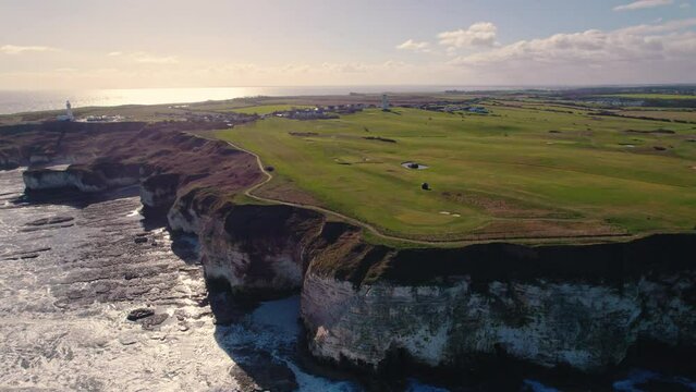 Beautiful cliff coastline with golf course in Flamborough Head region. High quality 4k footage