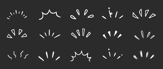 Doodle shine sunburst sparkle ray elements on chalkboard background. Hand drawn pop surprise line frame for title headline illustration. Doodle vector illustration