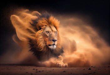 Lion aflame amidst swirling dust. Generative AI - obrazy, fototapety, plakaty