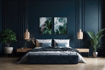 frame mock up in a contemporary bedroom with dark blue walls, a black bed and nightstands, a wooden floor, and a green plant,. Generative AI