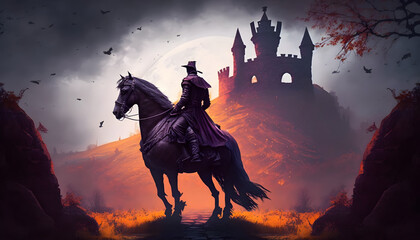 Fototapeta na wymiar A warrior with a horse near a dark castle. Generative AI