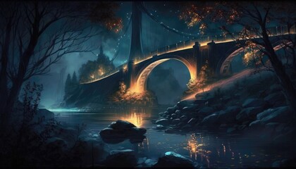 Glowing Bridges Span Riverbanks At Night. Generative AI