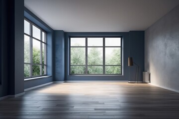 Fototapeta premium large window and a blue, vacant room. Generative AI