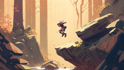 A kid jumping down from a rock in the forest, digital art style, illustration painting, Generative AI