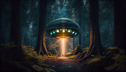 Obraz premium Flying alien saucer. Beautiful view. Generative Ai