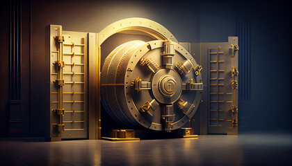 Gold bank vault door with a combination lock. Generative Ai