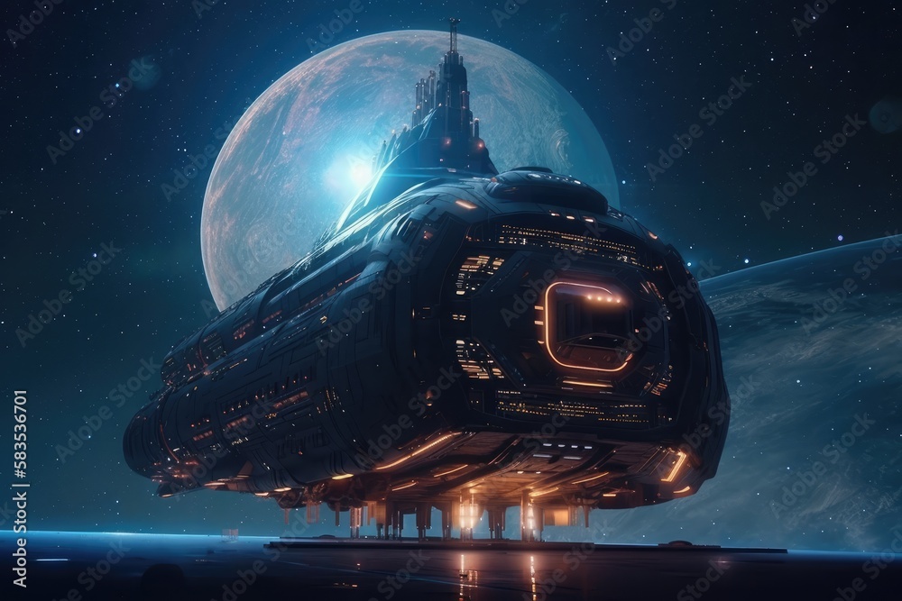 Wall mural bid spaceship in the deep of space, made with generated ai