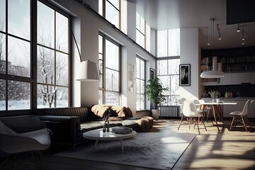 Modern light apartment with big windows and open space. Generative AI