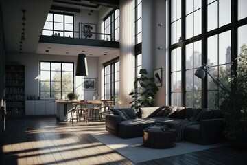 Modern light apartment with big windows and open space. Generative AI