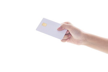 Hand holding credit card isolated on white background with clipping path.