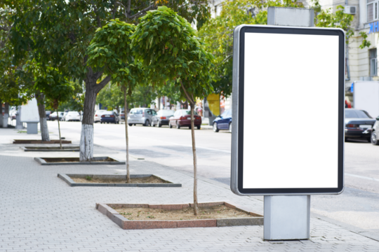 Vertical blank billboard lightbox on city street in PNG isolated on transparent background