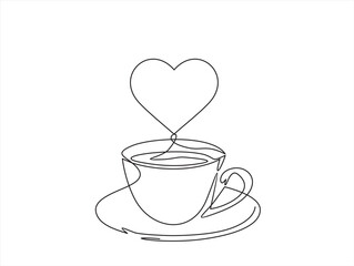 One continuous single line of hand drawn with cup of coffee decorated with heart symbol isolated on white background.