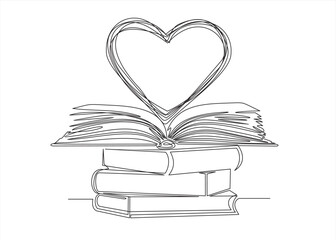 Books stack, Open book and heart, continuous line vector illustration. one line vector drawing of a book and a heart, concept of love of reading. Black and white hand drawn image.