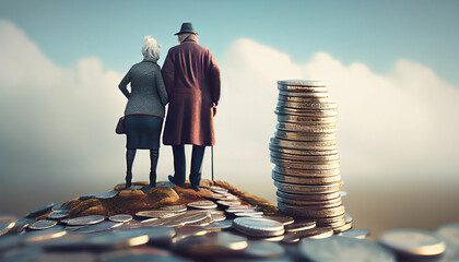 Elderly couple standing on a stack of coins. Generative Ai - obrazy, fototapety, plakaty