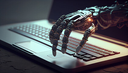 Fototapeta na wymiar Robot hand on a laptop keyboard. Generative Ai