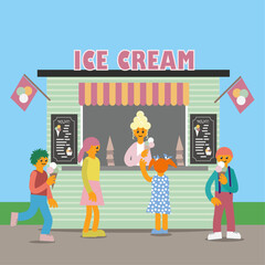 Ice cream shop. Children standing in line to buy yummy ice cream. 