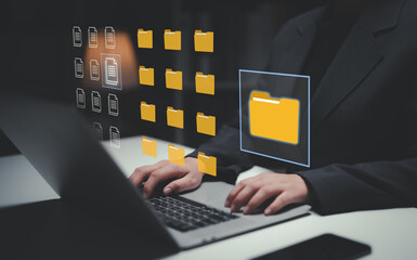 Document management system concept, business man holding folder and document icon software, searching and managing files online document database, for efficient archiving and company data.