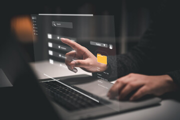 Document management system concept, business man holding folder and document icon software, searching and managing files online document database, for efficient archiving and company data.