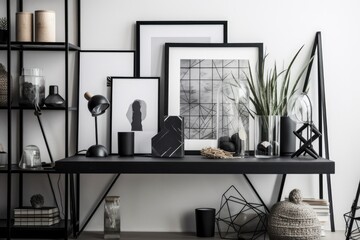 Creative room interior design with copy space, metal shelf, and personal accessories in a minimalistic, attractive composition. Concept in black and white. Template. Generative AI