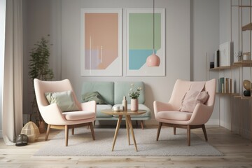 A contemporary living room with two modern chairs and a table. minimalist design idea style in pastel tones. Generative AI