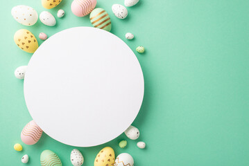 Easter concept. Top view photo of white circle and colorful easter eggs on isolated turquoise background with copyspace