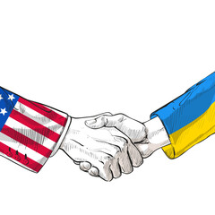 American U.S. and UA Ukraine flags. white-red bicolor and blue-yellow. Partners national political handshake cooperation, support. Two hands shaking each other, holding one another. Country friendship