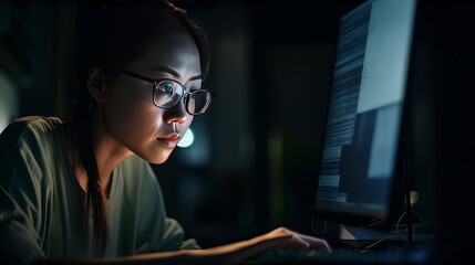 Fototapeta na wymiar Young asian woman casual cloth looking stressed while working on deadline at her desk till late at home, image ai generate
