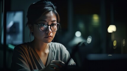 Young asian woman casual cloth looking stressed while working on deadline at her desk till late at home, image ai generate - obrazy, fototapety, plakaty