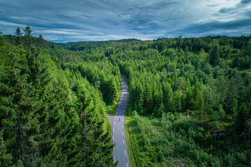 Person Longboarding Through a Scenic Forest Road in Norway Captured by a Drone