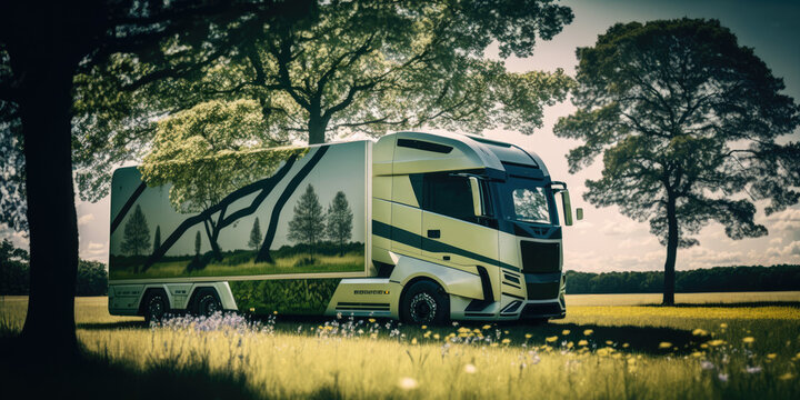 Electric truck in the meadow and trees road, electro future mobility, green energy, environmentally neutral transport, generative ai concept illustration
