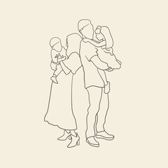 Obraz premium Happy family line art on yellow background in line art style. Vector illustration in minimalist style. Mother day design