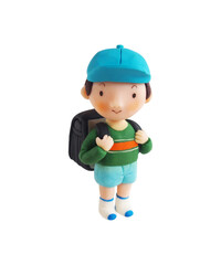 青い帽子をかぶってランドセルをしょった小学生男子（粘土立体イラスト）