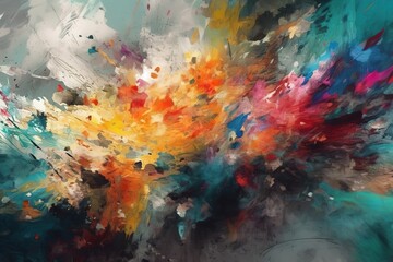 Obraz na płótnie Canvas Art abstract panorama; fun; creative background texture with random paint brushstrokes in amazing multicolor - painting concept for design - in long, thin header/ banner. , Generative AI