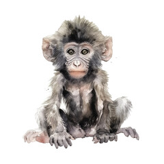 watercolor baby Baboon , monkey isolated on transparent, ai generated