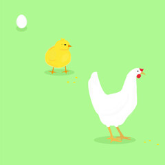 Obraz na płótnie Canvas Egg, chick and chiken on green background. Vector illustration