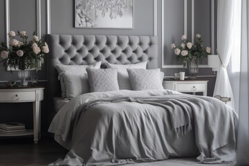 A grey bedroom with elegant decor and basic bedding with white flowers in a vase. Generative AI