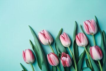 Beautiful composition of spring flowers. Bouquet of pink tulips flowers on a pastel blue background. Flat lay, top view, copy space. 