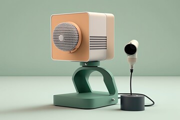 A speaker presenting with a microphone and slide projector in a conference room setting. Generated by AI.