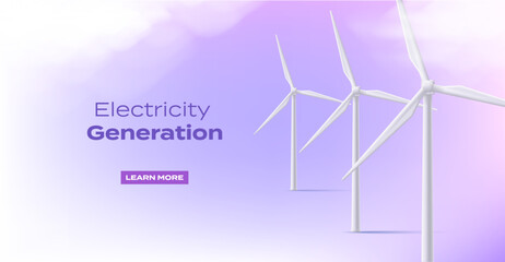 Wind electro station 3d illustration, promo banner with mills high in the sky with clouds on violet backdrop