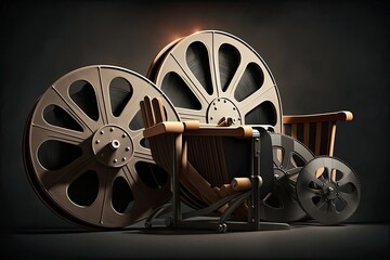A close-up of a movie film reel on a dark background with the film strip extending out, ready to be projected onto a screen. Generated by AI.